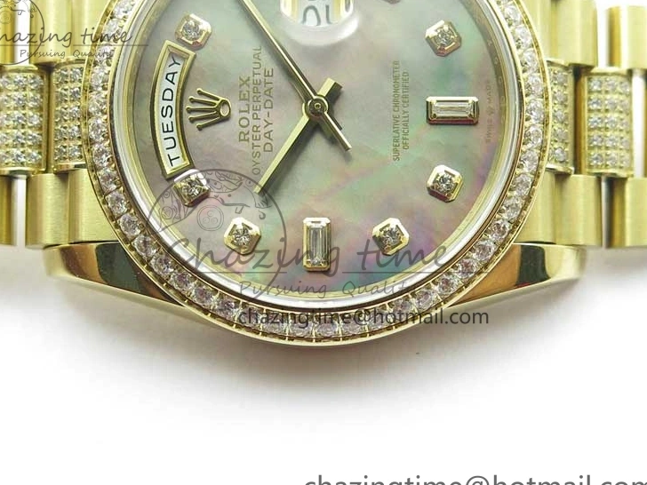 0503 Day-Date 36mm 128235 YG Crystal BP Best Edition Gray MOP Crystal Marker Dial on YG President Bracelet A MultiPurpose 2675